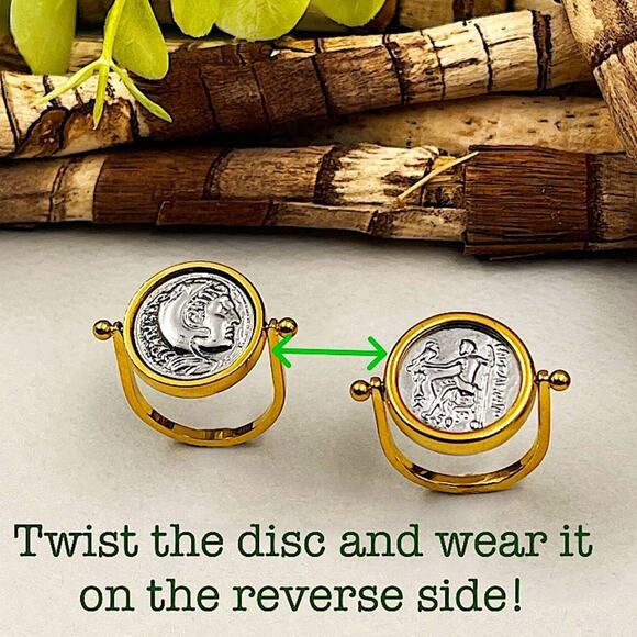 Gold Greek Roman Signet Ring Matching Necklace Set Double Sided Disc God… - Picture 4 of 14